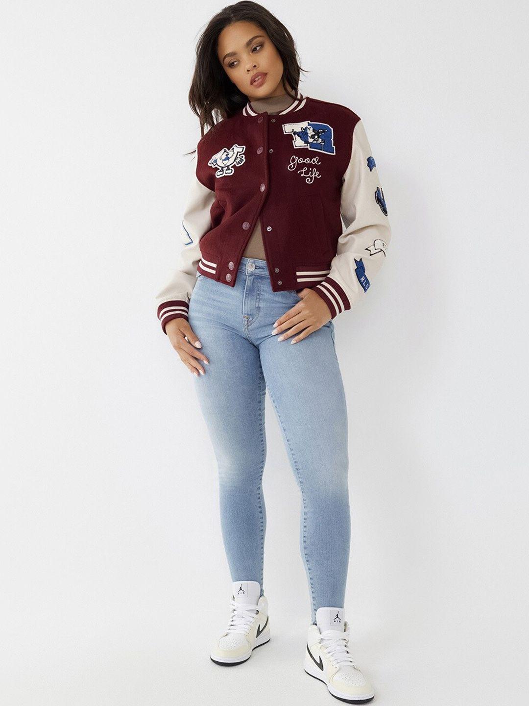 true religion women maroon lightweight crop varsity jacket