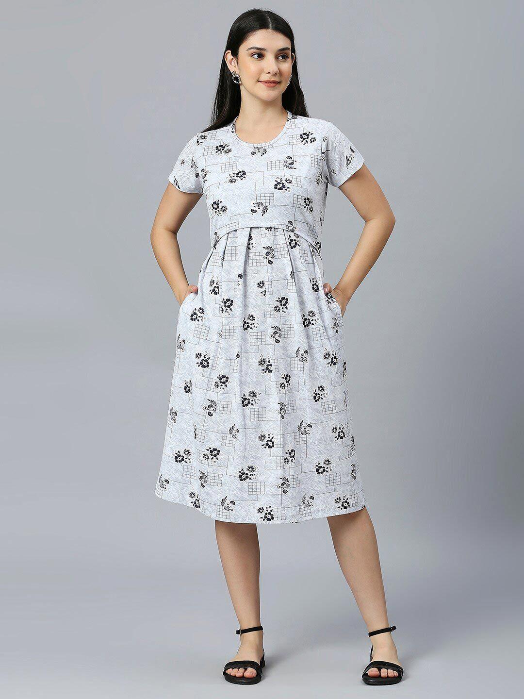 true shape floral printed round neck cotton a-line maternity dress