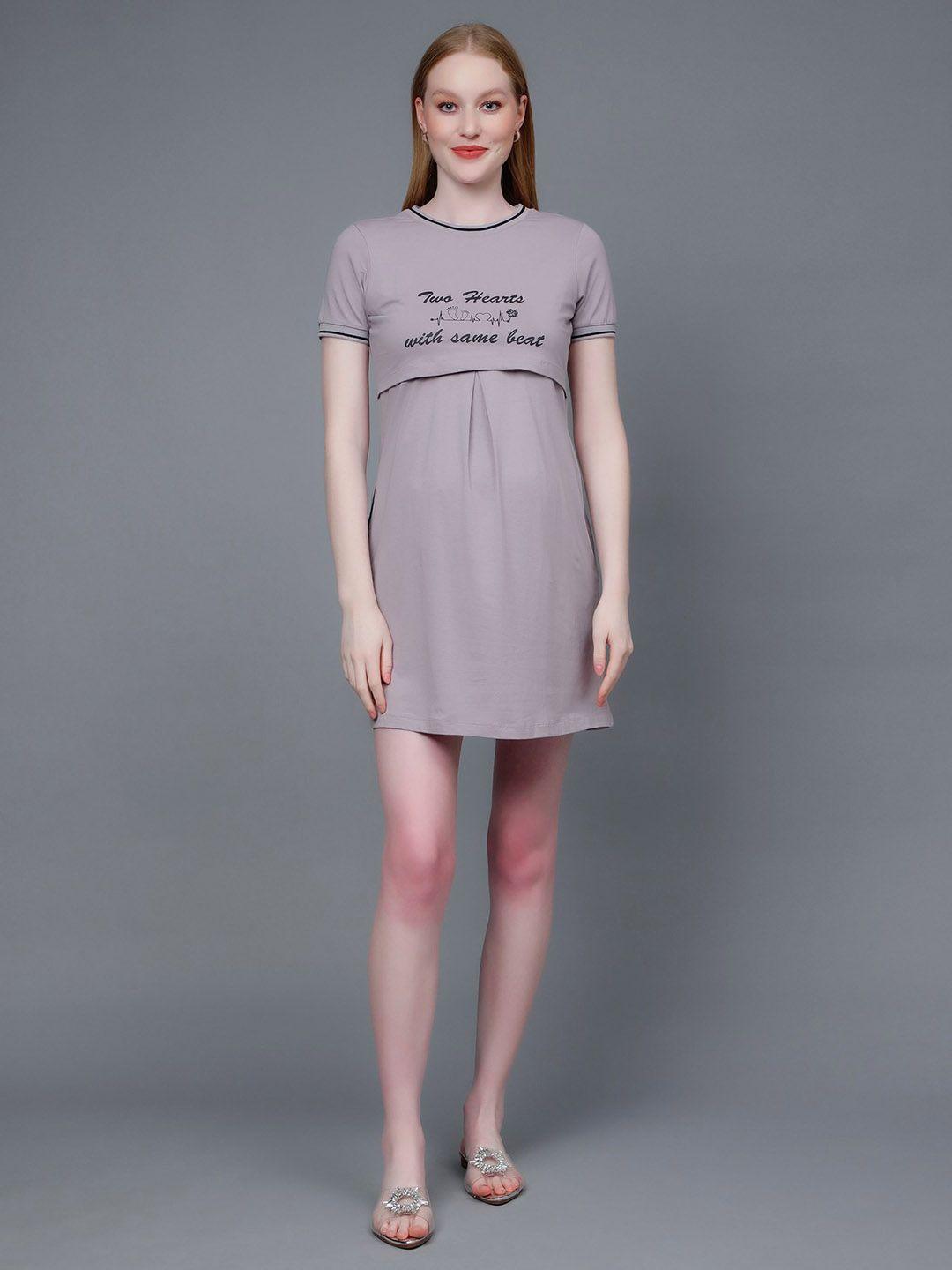 true shape maternity typography printed round neck mini cotton t-shirt dress