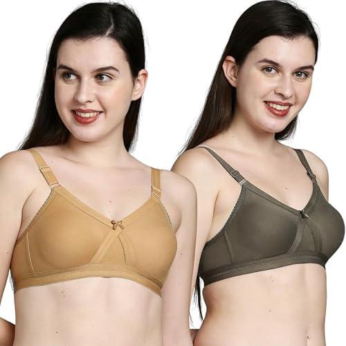 true shape seamless bra for women | combo set of 2 comfortable wireless non-padded everyday tshirt bra in knitted cotton blend fabric (tstb-139-42d) beige/olive