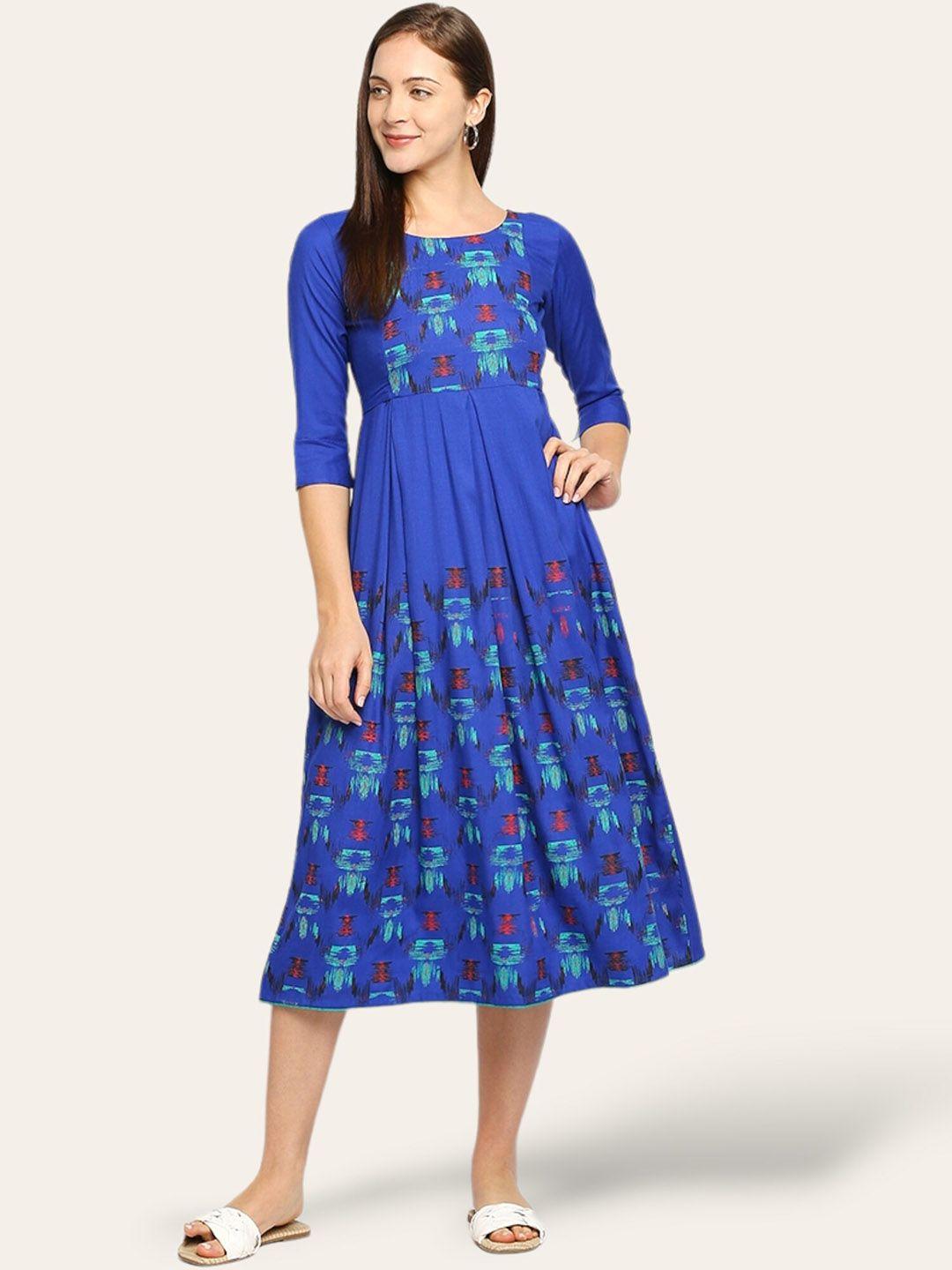 true shape women blue floral printed flared sleeves thread work maternity anarkali kurta