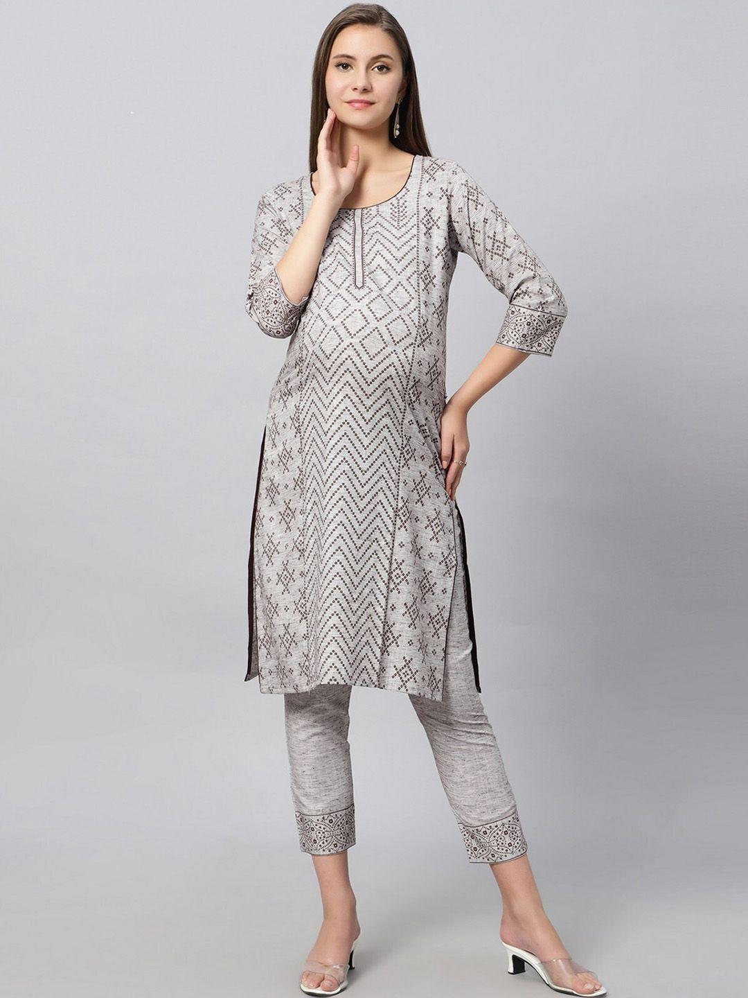 true shape women grey ethnic motifs printed regular kurta with trousers