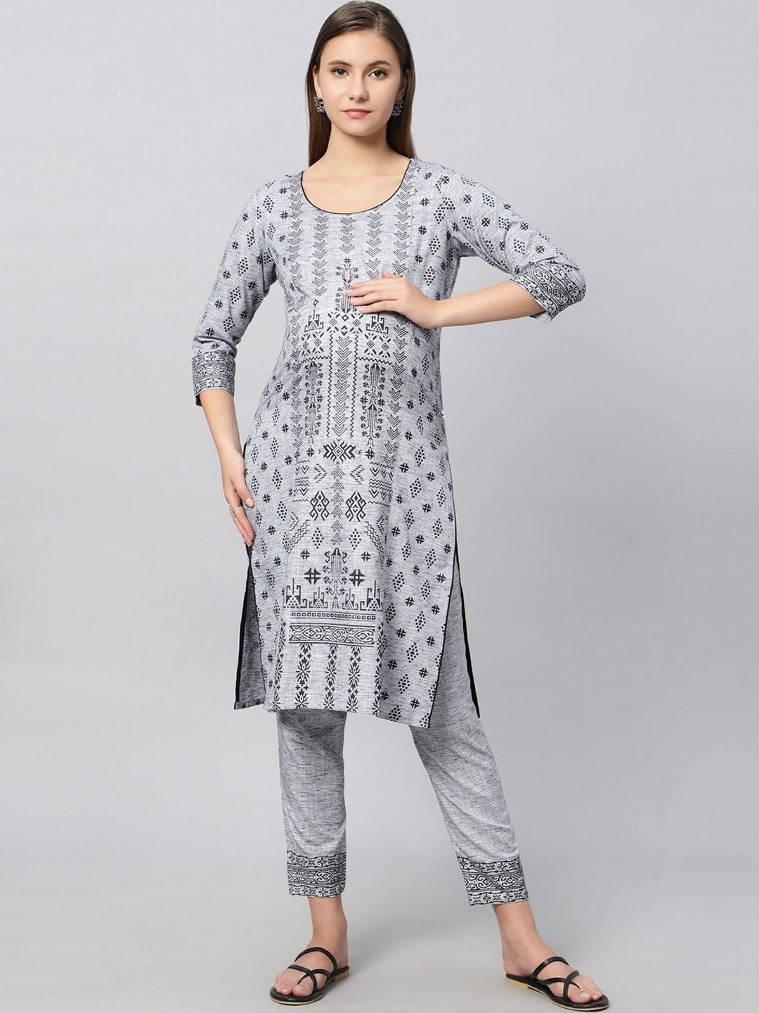 true shape women grey ethnic motifs printed regular kurta with trousers