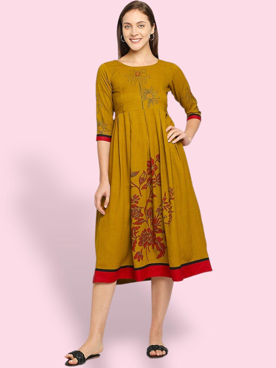 true shape women mustard yellow paisley embroidered thread work indie prints maternity anarkali kurta