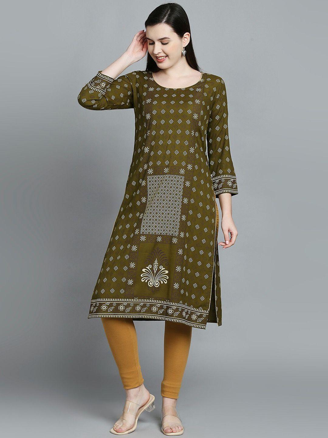 true shape women olive green ethnic motifs flared sleeves chikankari indie prints maternity kurta