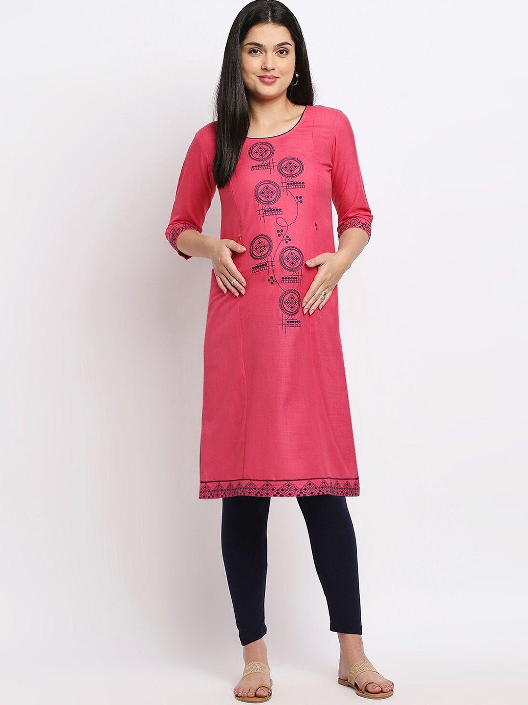 true shape women pink floral embroidered flared sleeves thread work maternity kurta