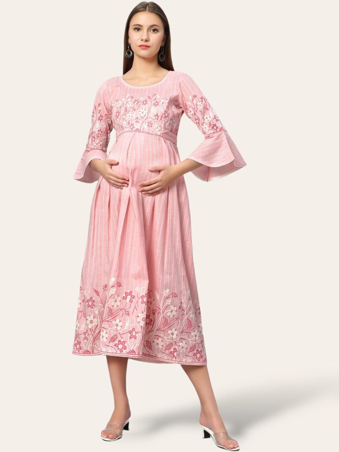 true shape women pink floral yoke design flared sleeves thread work maternity anarkali kurta