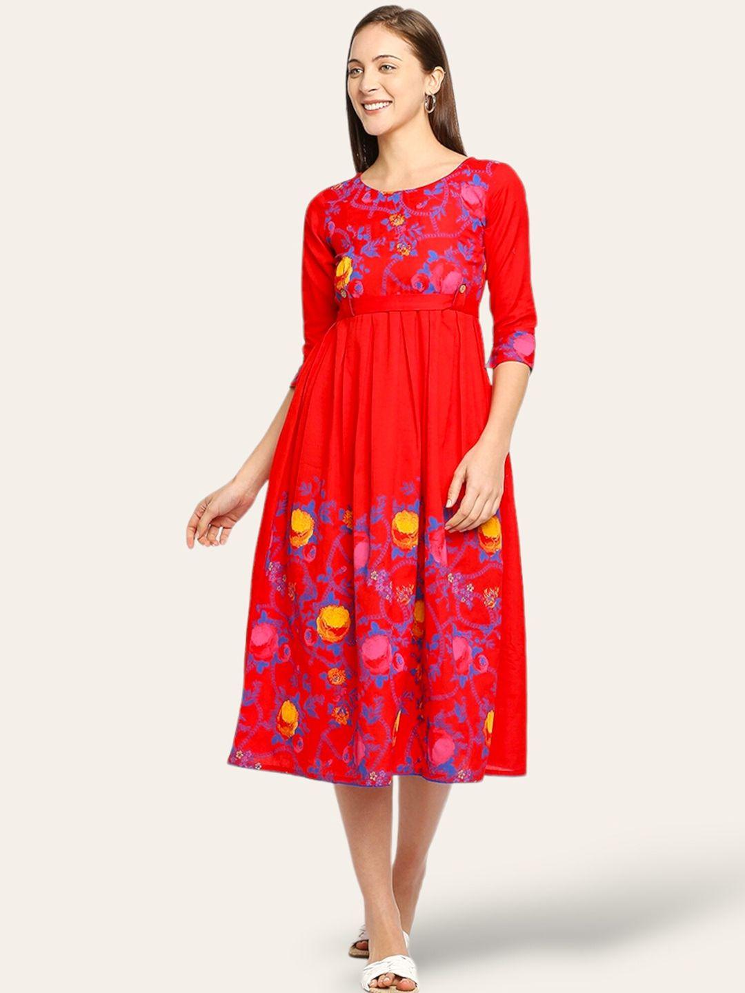 true shape women red floral embroidered flared sleeves sequinned maternity anarkali kurta