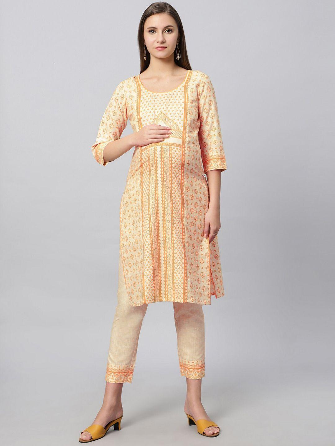 true shape women yellow ethnic motifs printed regular kurta with trousers