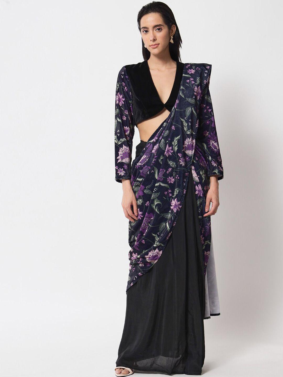 truebrowns black & purple floral velvet saree