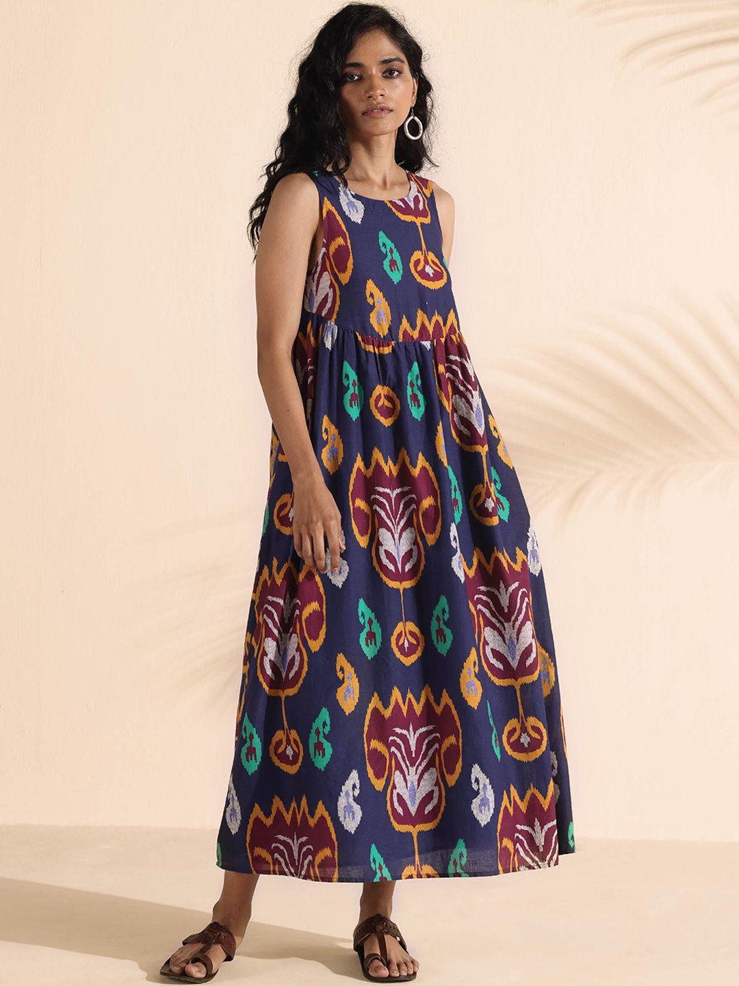 truebrowns ikat printed sleeveless pure cotton fit & flare ethnic dress