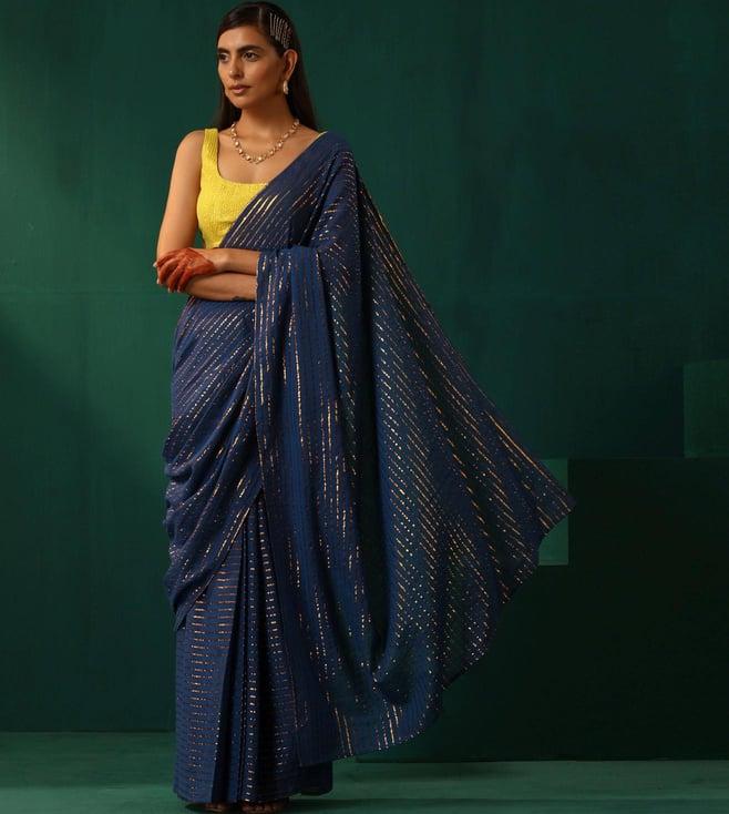 truebrowns royal blue rutba pre-stitched saree