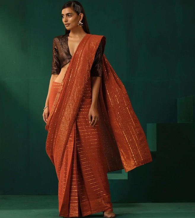 truebrowns rust rutba pre-stitched saree
