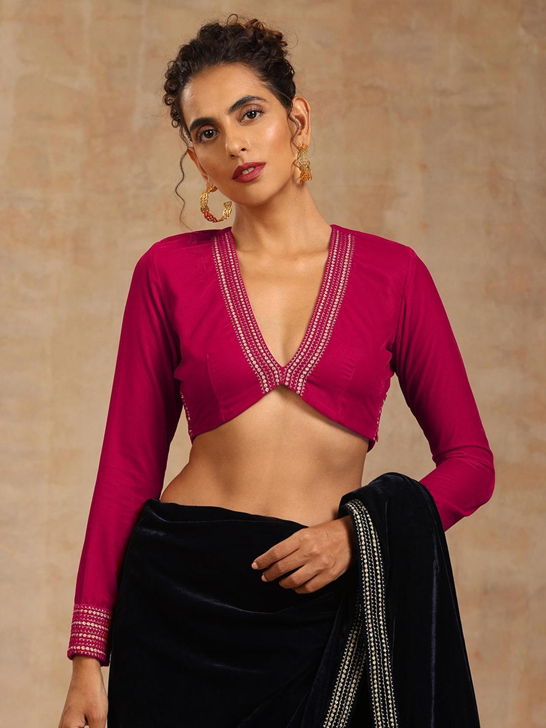 truebrowns sequinned embroidered v-neck velvet saree blouse