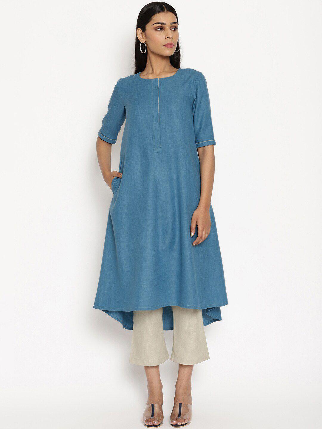 truebrowns women blue & cream-coloured solid kurta with trousers
