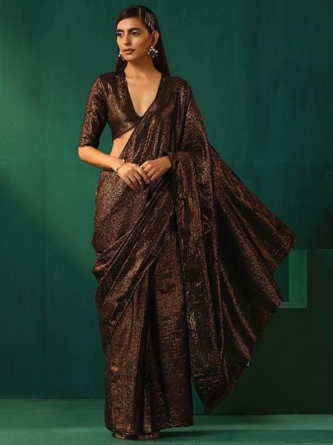 truebrowns black cotton gold striped ready to wear saree