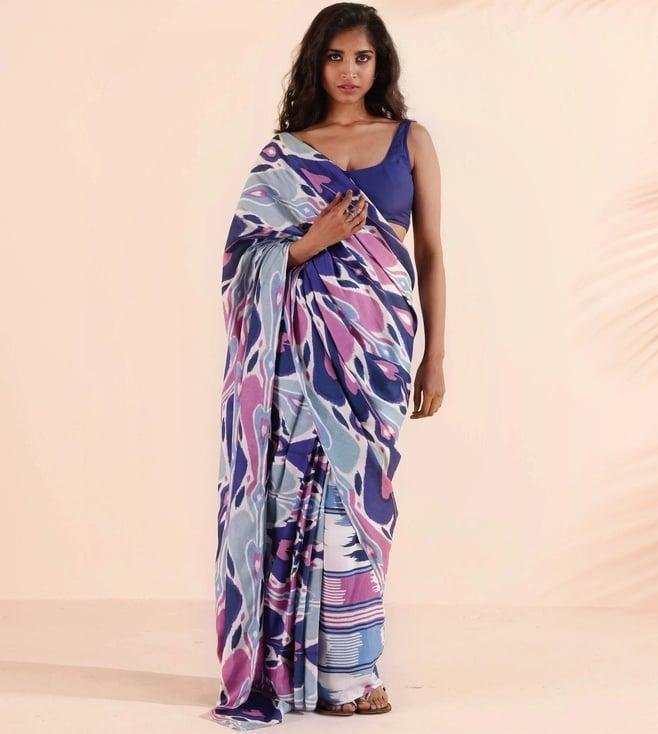 truebrowns blue & purple malang muslin ikat saree