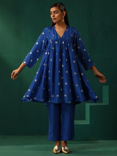truebrowns blue woven pattern kurti pant set