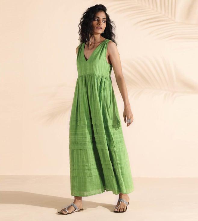 truebrowns bright green malang cotton dobby yoke dress