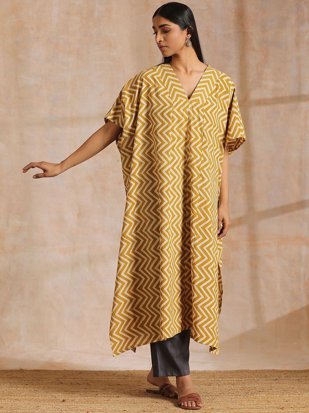 truebrowns chevron printed v neck pure cotton kaftan kurta with palazzos