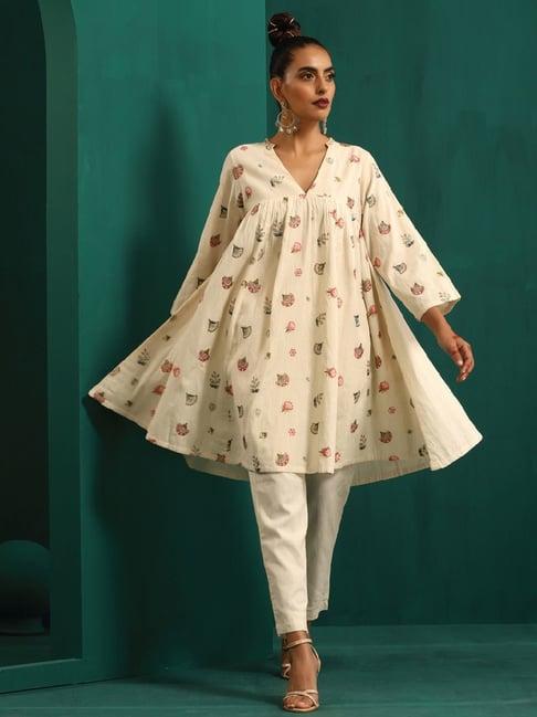 truebrowns cream embroidered short kurti pant set