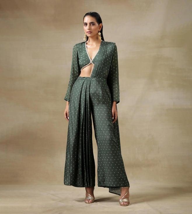 truebrowns dark green maati bandhani printed silk plazzo stitched saree