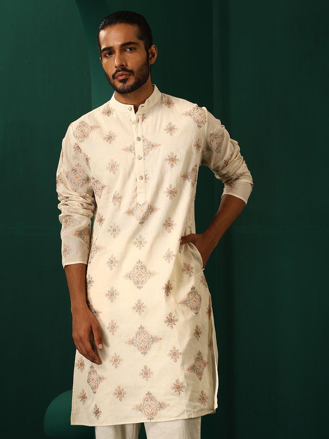 truebrowns ethnic motifs embroidered thread work band collar cotton kurta