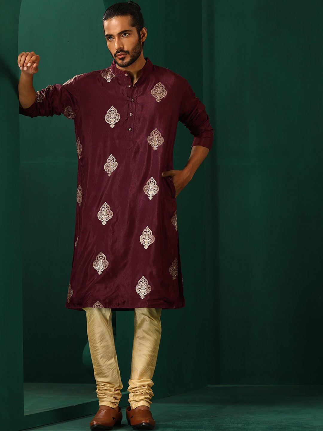 truebrowns ethnic motifs printed band collar zari a-line kurta