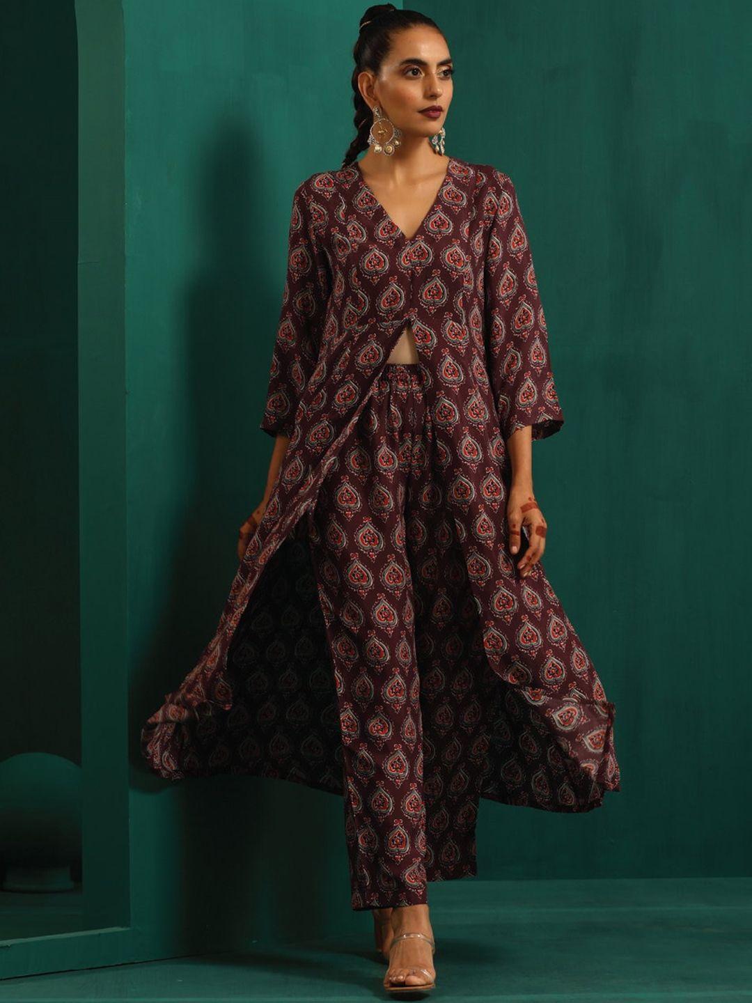 truebrowns ethnic motifs printed high slit a-line kurta with trousers