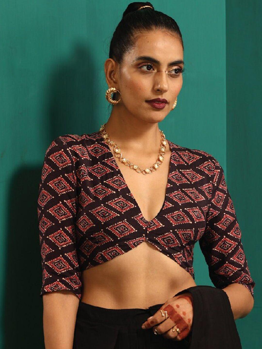 truebrowns ethnic motifs printed muslin silk v-neck saree blouse