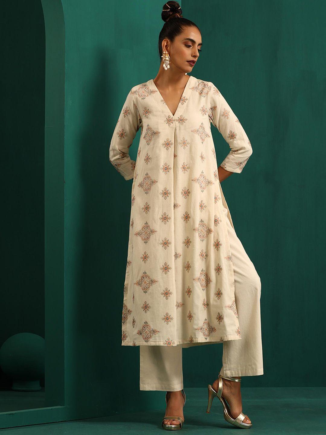 truebrowns ethnic motifs printed v-neck pure cotton kurta with palazzos