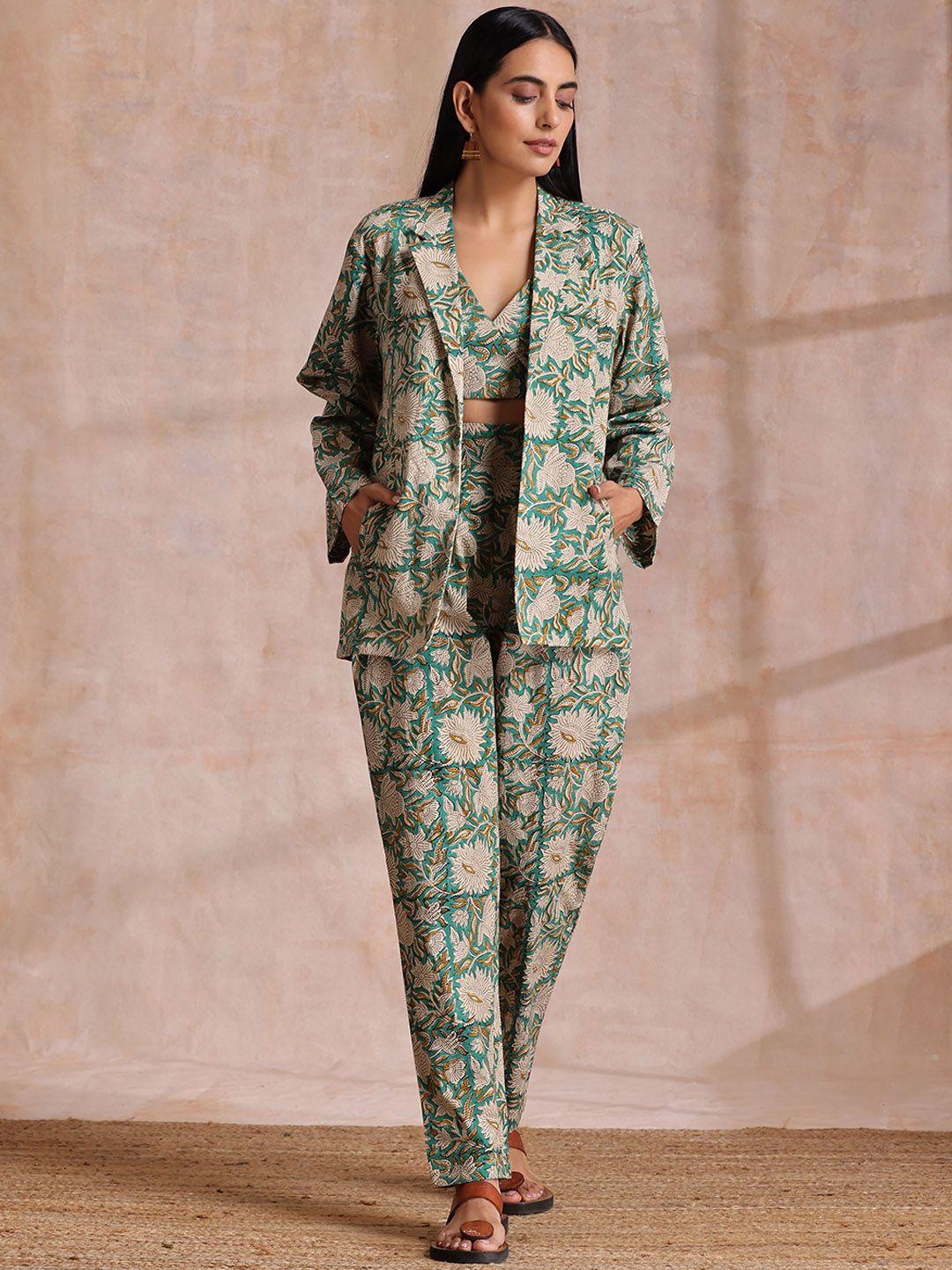 truebrowns floral block printed pure cotton top & trouser with jacket set