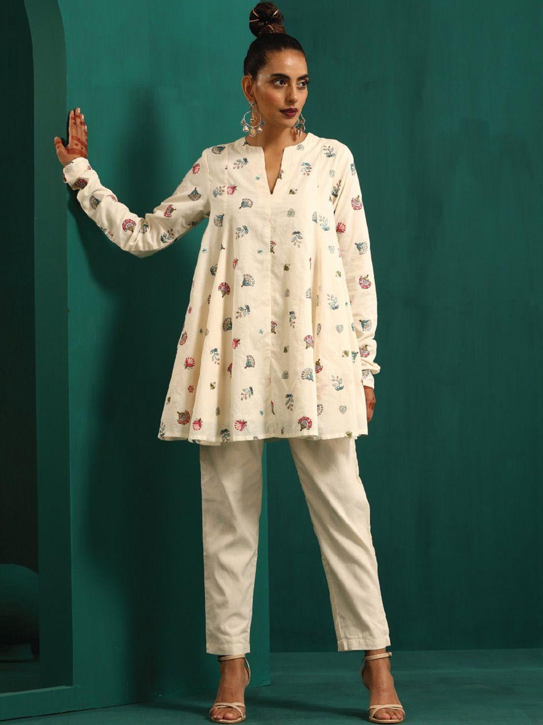 truebrowns floral embroidered a-line kurti & trousers