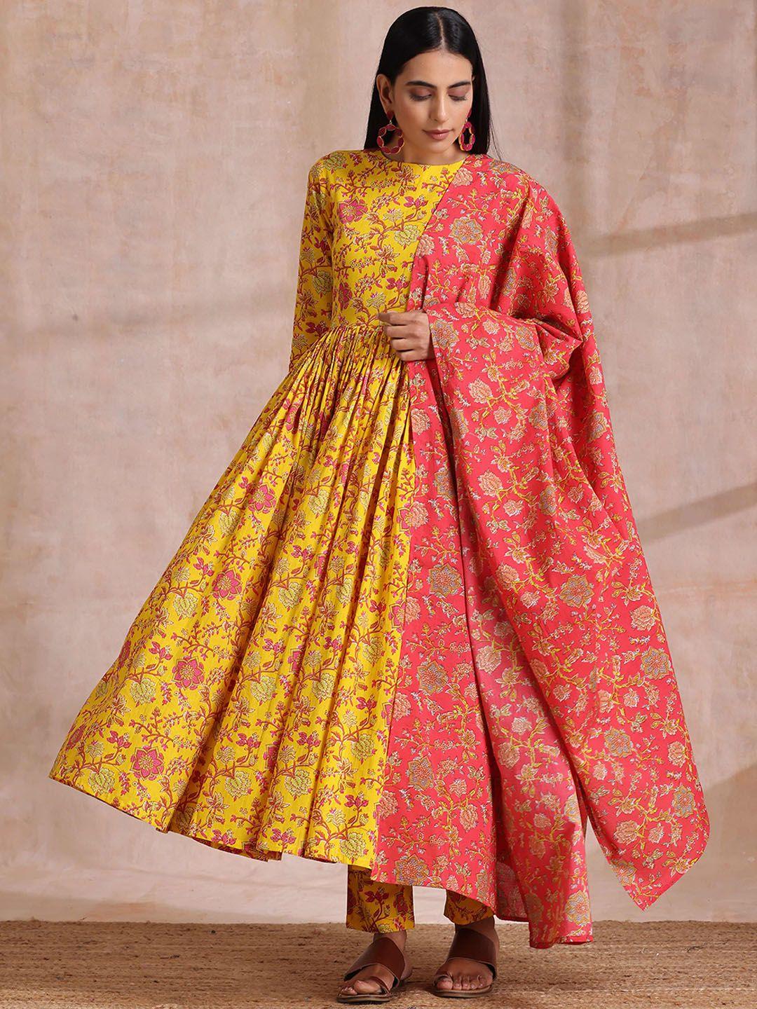 truebrowns floral printed anarkali pure cotton kurta with trousers & dupatta