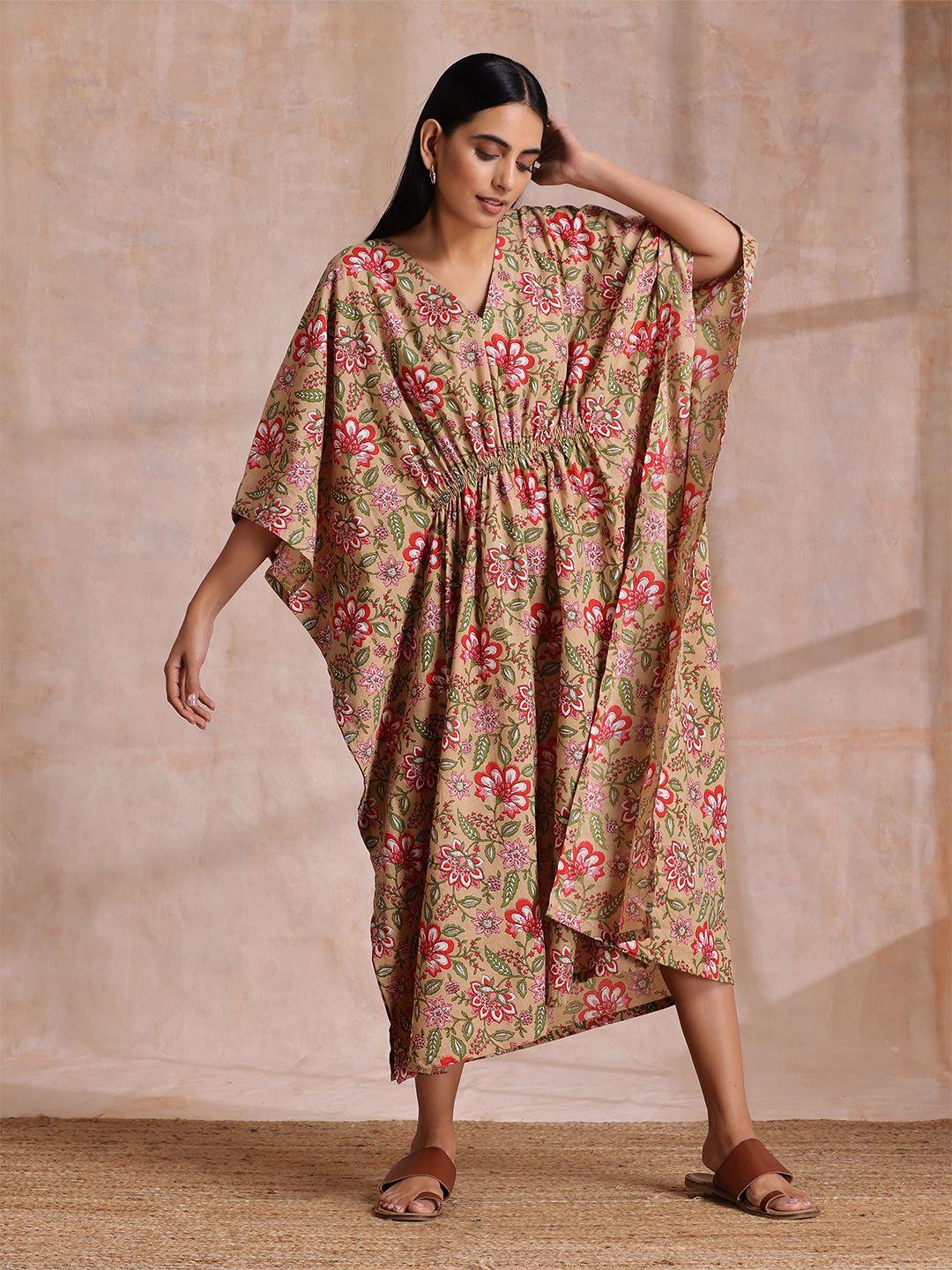 truebrowns floral printed cotton kaftan midi dress