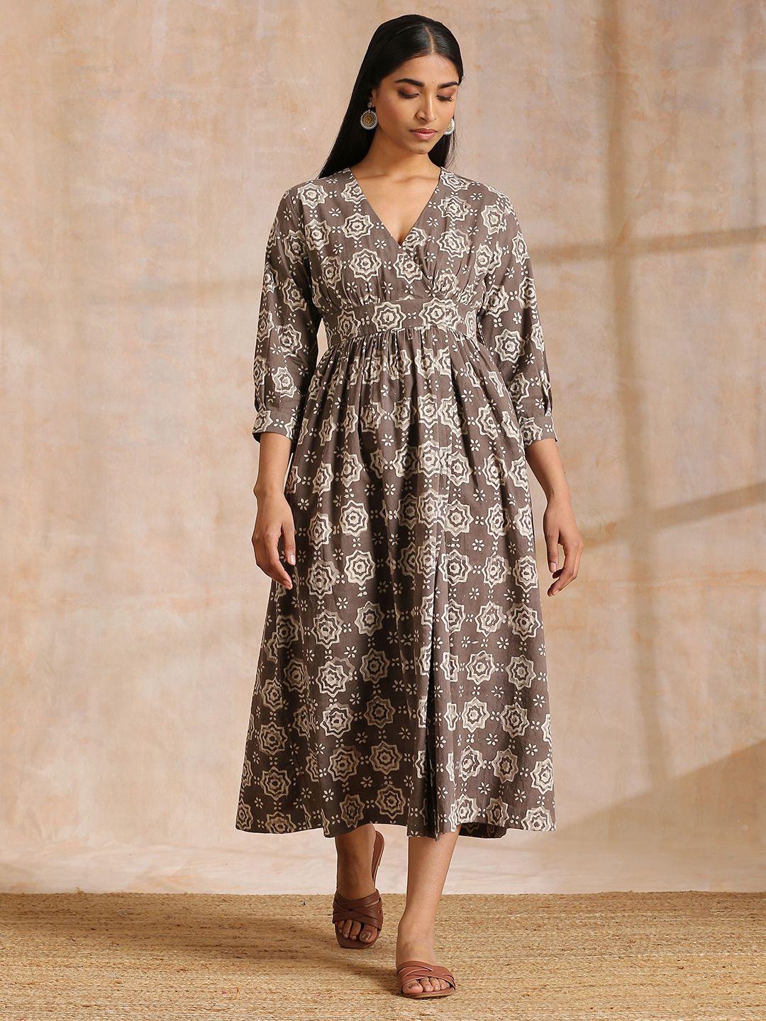 truebrowns floral printed cotton wrap midi dress