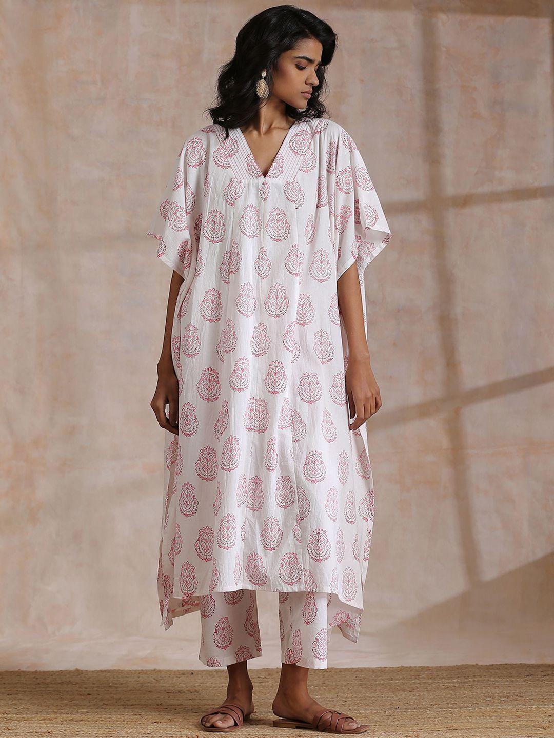 truebrowns floral printed pure cotton kaftan kurta with trousers