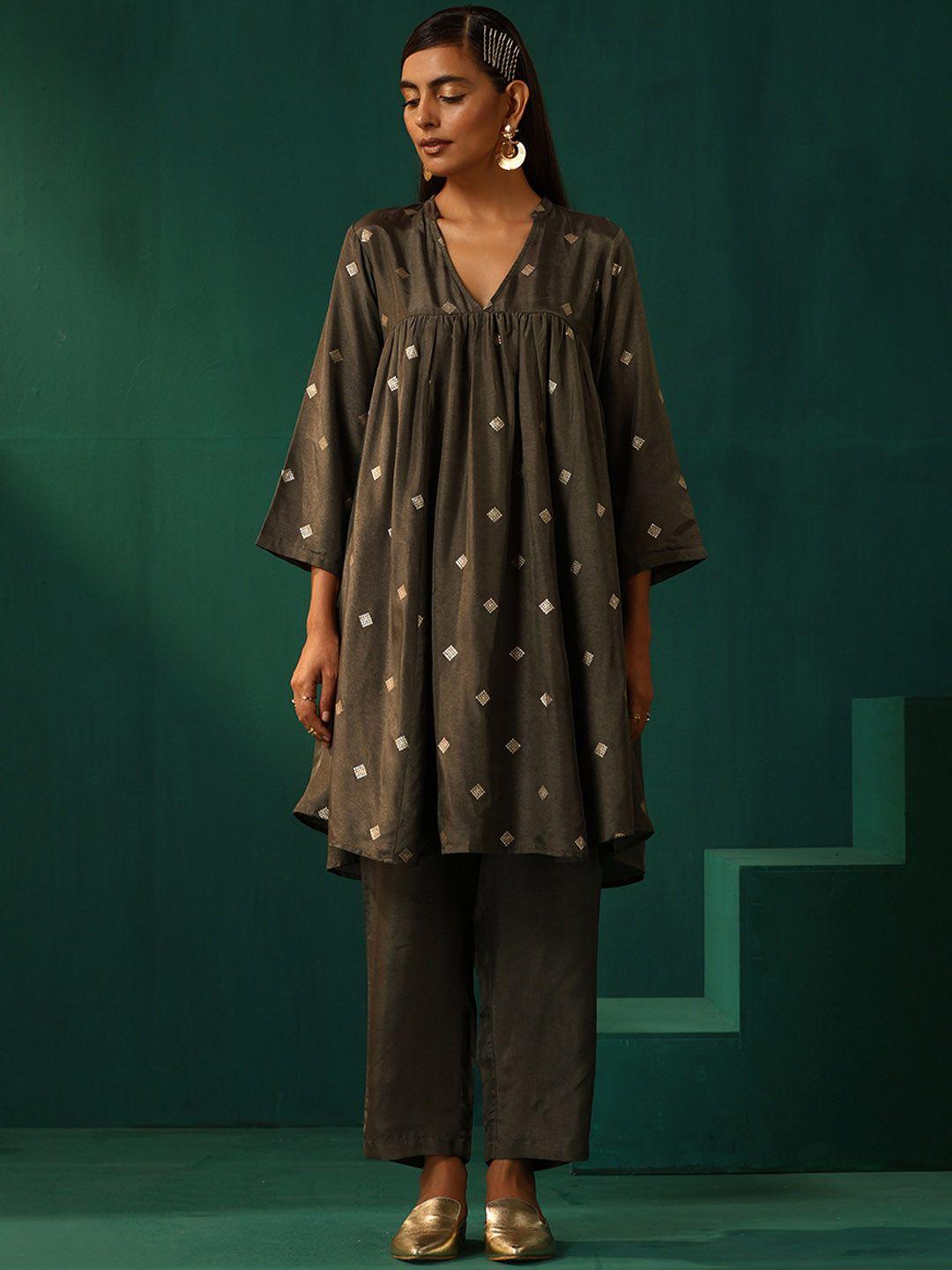 truebrowns geometric printed a-line kurta with trousers