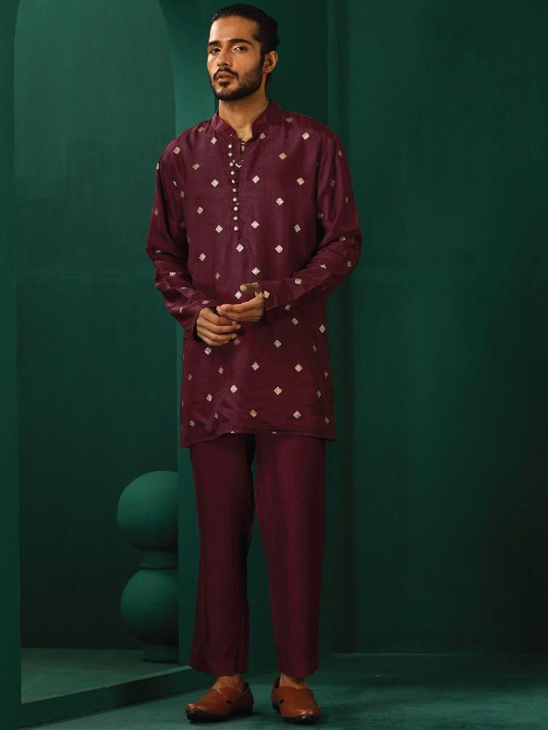 truebrowns geometric printed mandarin collar regular kurta with trousers