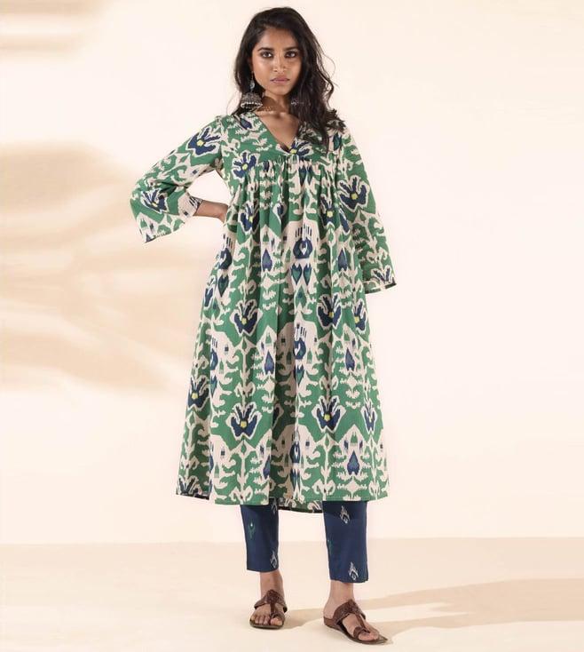 truebrowns green malang cotton ikat flared kurta with pant