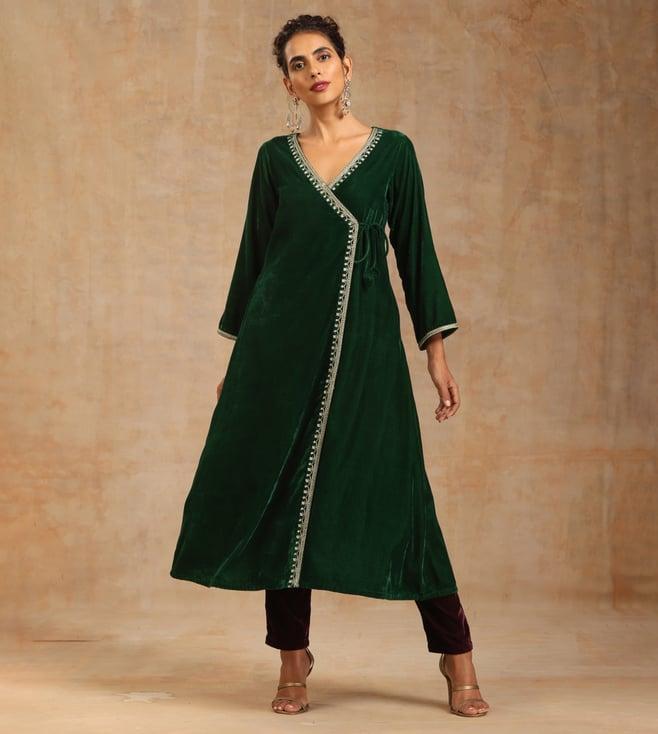 truebrowns green velvet embroidered angrakha kurta