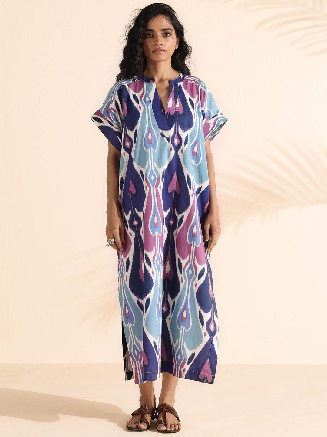 truebrowns ikat printed extended sleeves pure cotton ethnic midi oversized kaftan dress