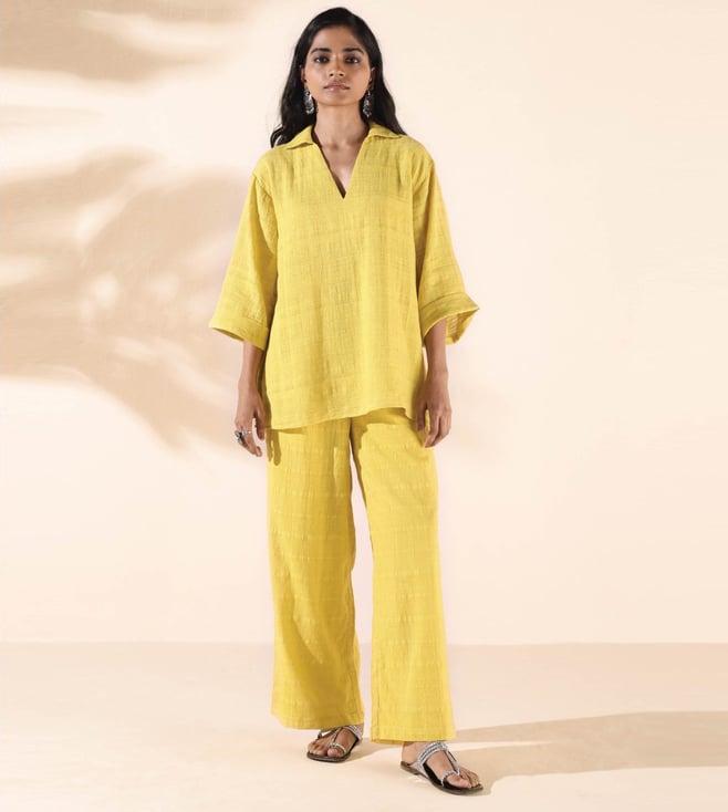 truebrowns lime malang cotton dobby v-neck top with pant co-ord set