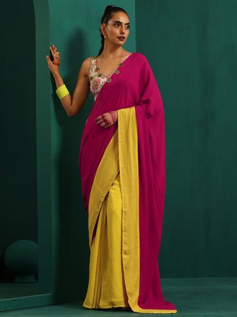 truebrowns lime yellow pink muslin silk ready to wear saree