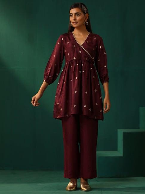truebrowns maroon woven pattern tunic pant set