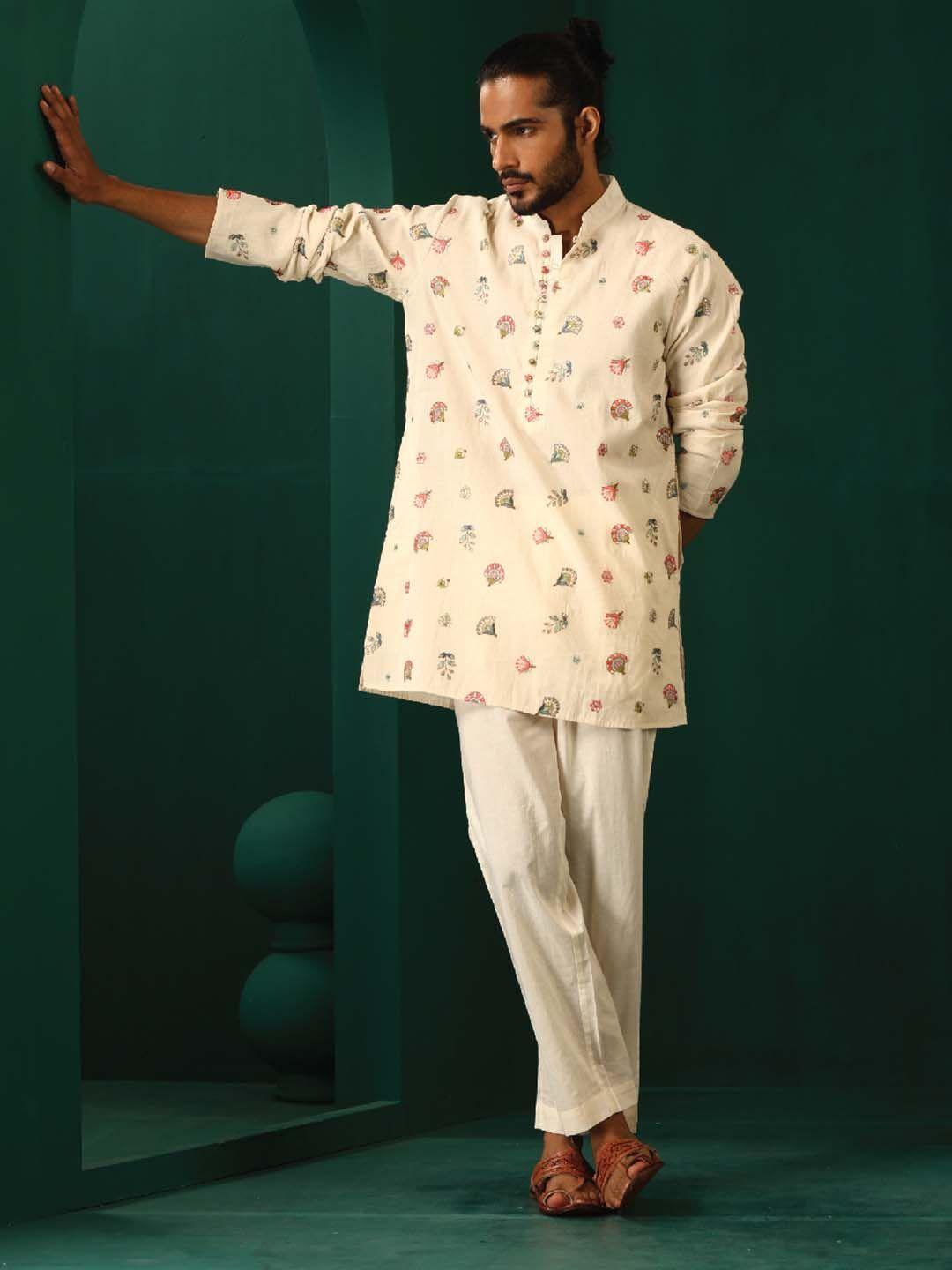 truebrowns men white embroidered regular thread work pure cotton kurta with trousers
