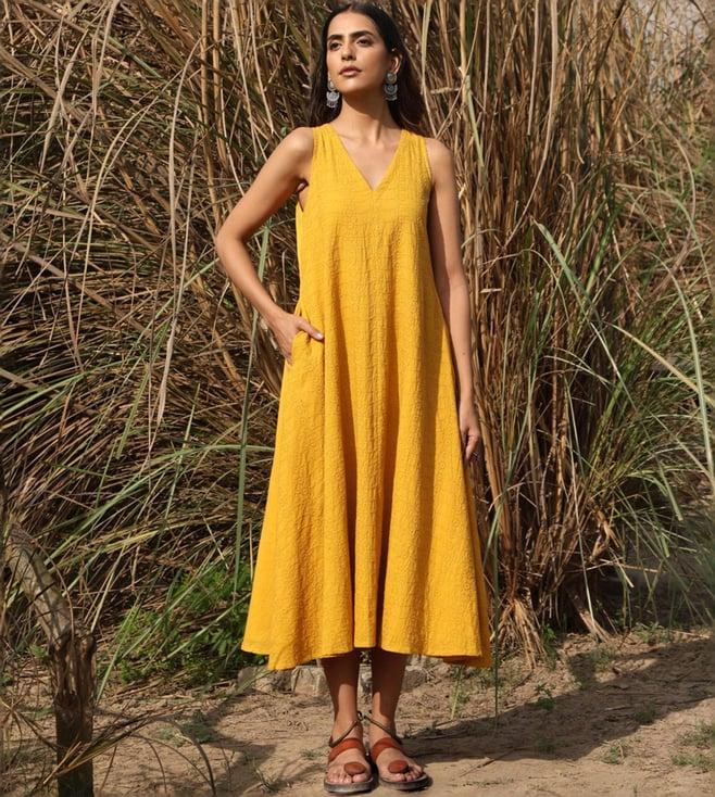 truebrowns mustard malang-2 cotton embroidered flared dress