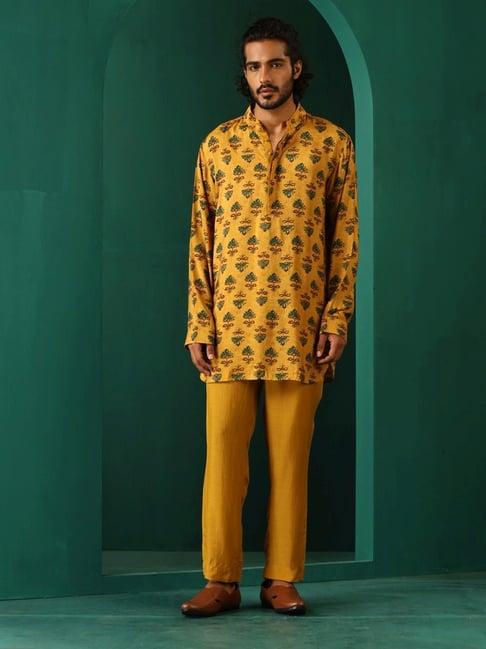 truebrowns mustard regular fit printed kurta bottom sets