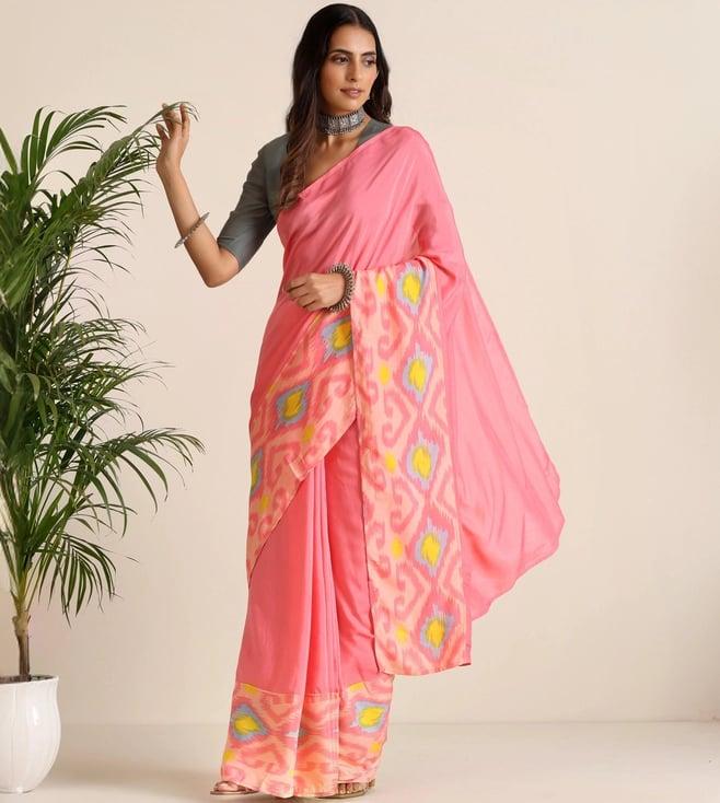 truebrowns pink & lime malang muslin ikat saree