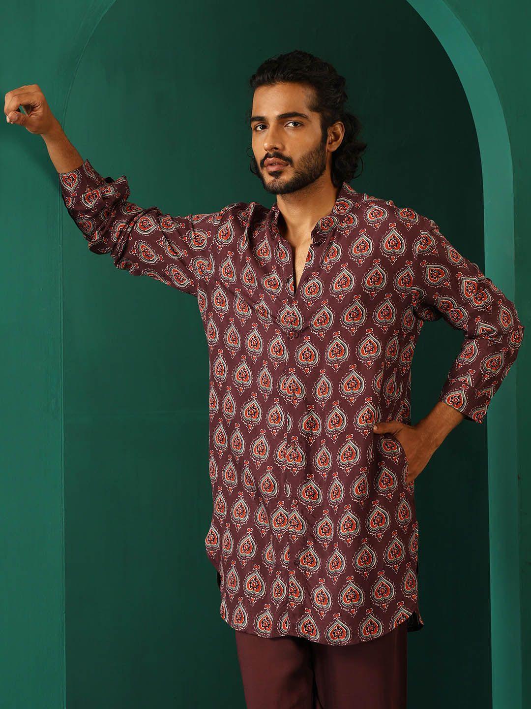 truebrowns printed mandarin collar kurta with trousers